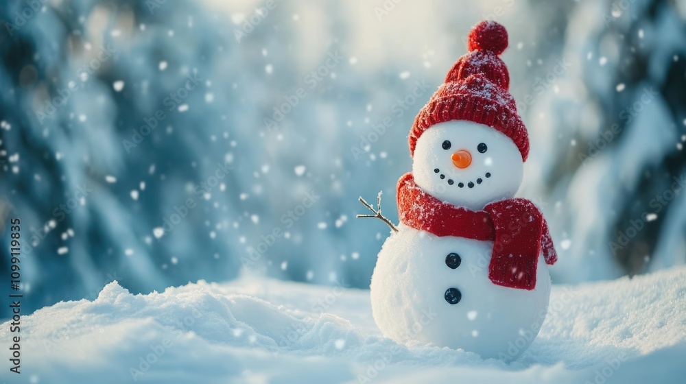 Obraz premium A snowman with a red hat and scarf is standing in the snow.