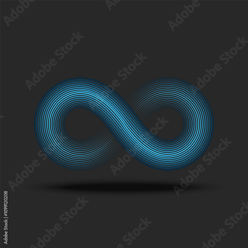 Blue infinity logo with gradient parallel lines on a dark background, representing eternity, infinite balance, and limitless symbol, ideal for designs in technology, spirituality, and creative.