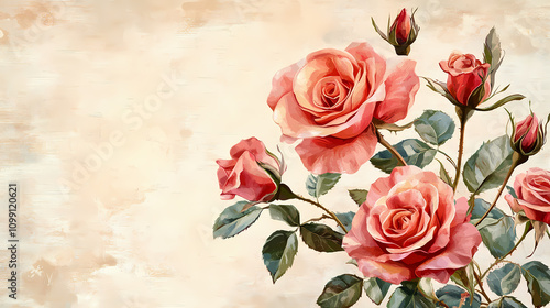 Old worn paper background with classic vintage rose flowers plant botanical decoration. Vintage. Illustration