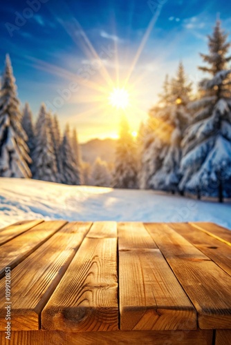 The empty wooden table top with blur background of Winter Snow.  photo