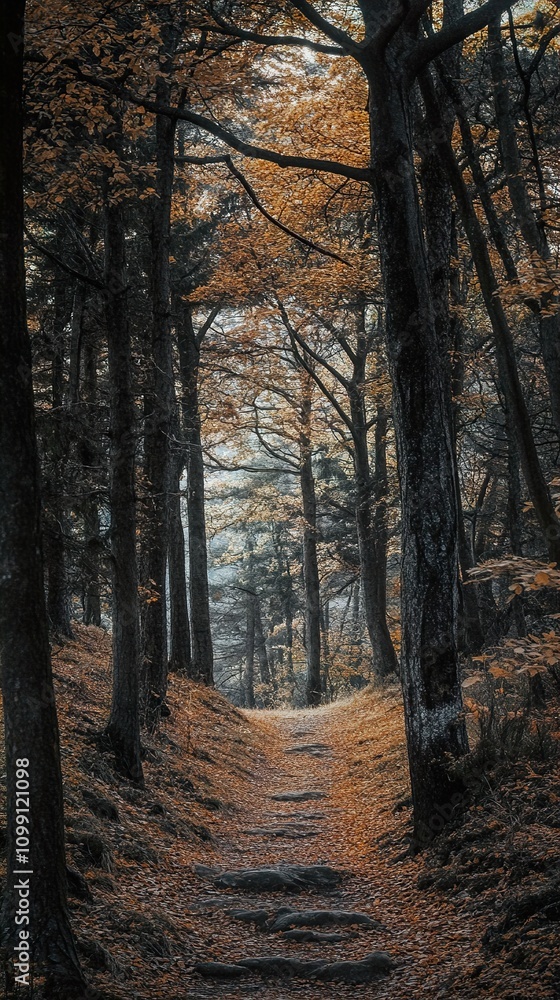 Obraz premium Autumnal Path Through a Serene Forest: A Captivating Woodland Scene