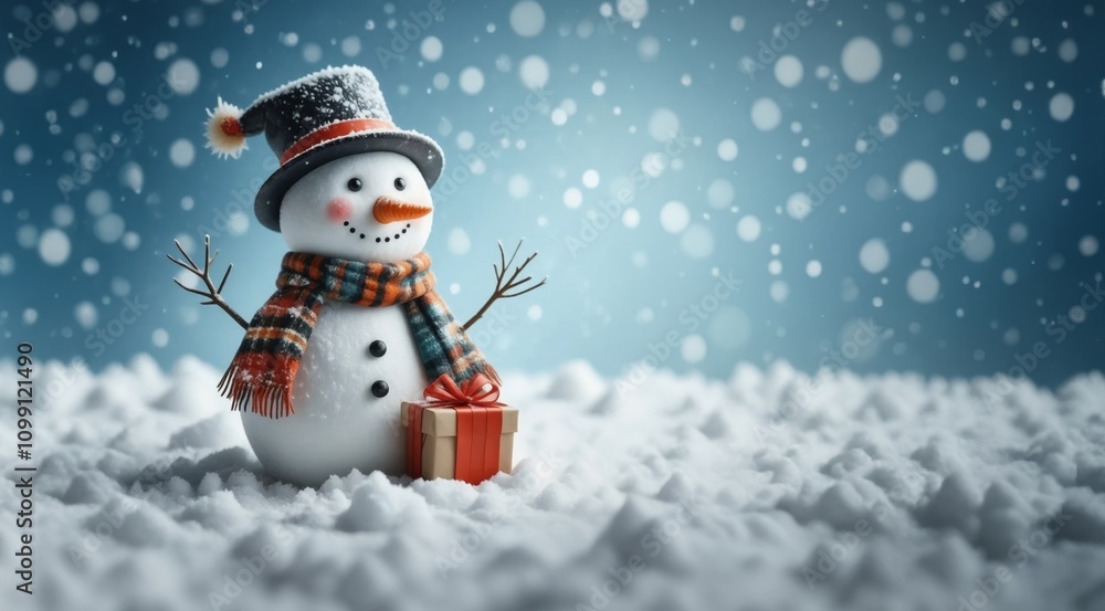 Fototapeta premium Funny Snowman in the Snow Landscape. Christmas greeting card. Happy Snowman. Snowman for Christmas and New Year. winter snowy forest. Winter holidays. Christmas theme. Christmas banner.
