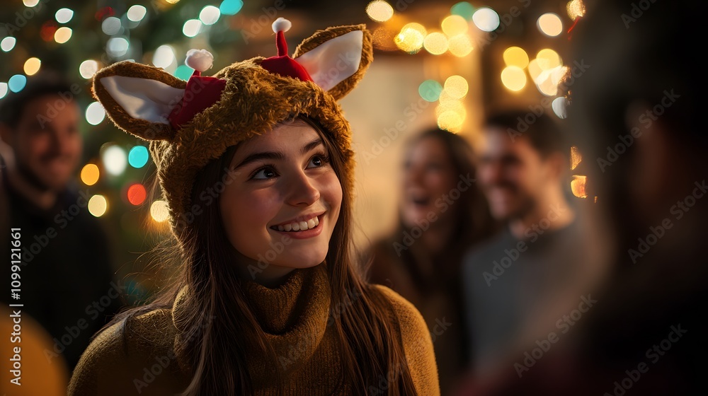 Fototapeta premium Girl Wearing Reindeer Hat Smiles At Christmas Party