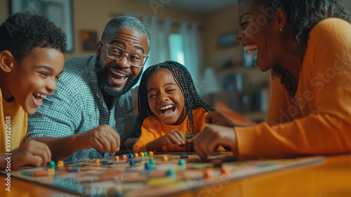 A joyful family playing a board game together, sharing laughter and smiles.