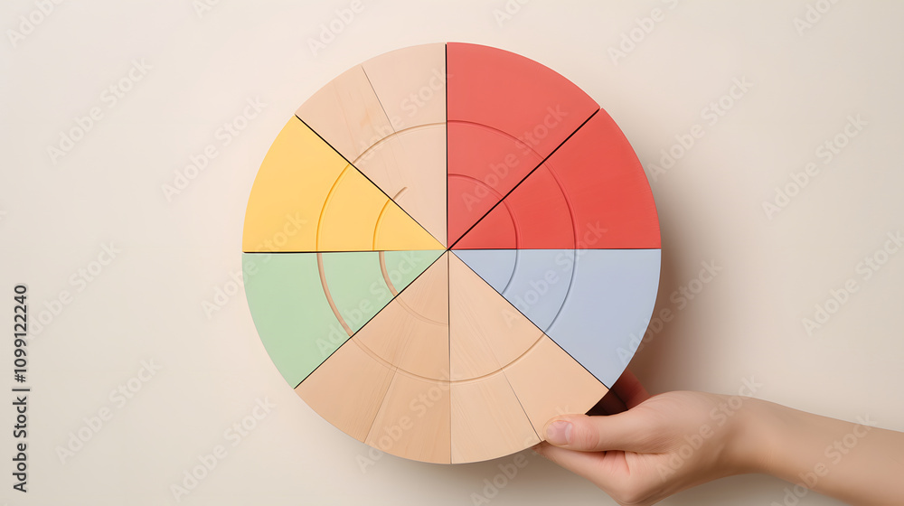 Fototapeta premium A colorful wooden puzzle wheel with eight segments, promoting cognitive skills and creativity.