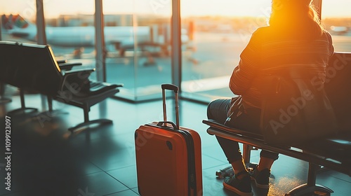 Traveler waiting at airport during sunset.