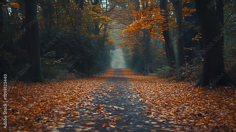 Fototapeta premium A peaceful forest path covered in fallen autumn leaves and surrounded by golden trees