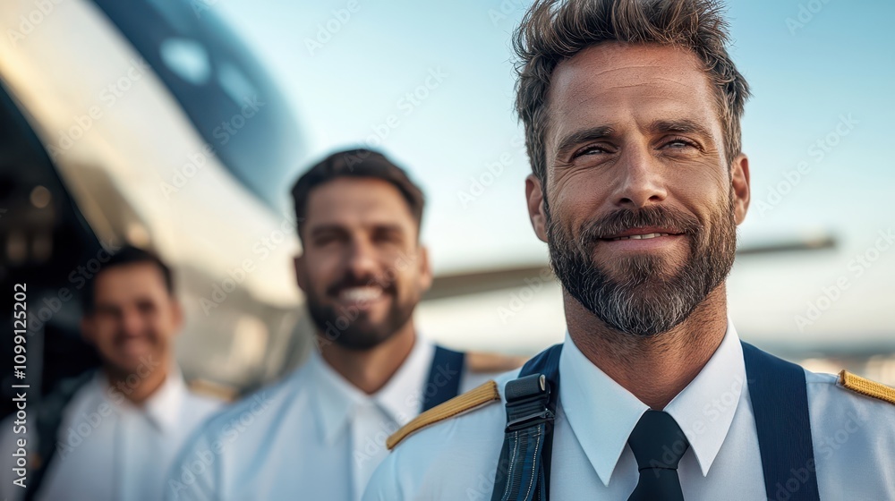 Obraz premium Professional male pilots standing in front of airplane, smiling and wearing uniforms, showcasing camaraderie and aviation pride in bright daylight