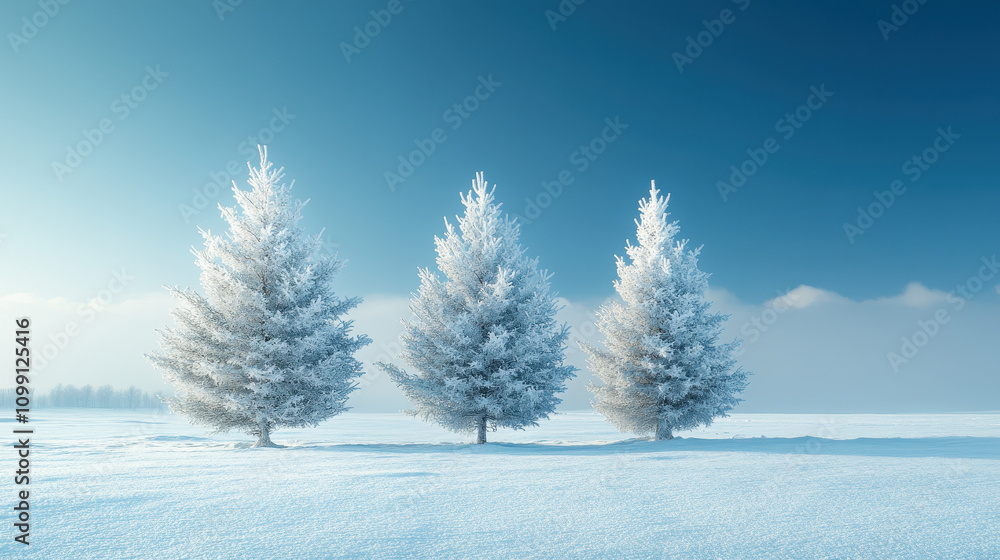 Fototapeta premium Three Christmas trees isolated on blue sky background