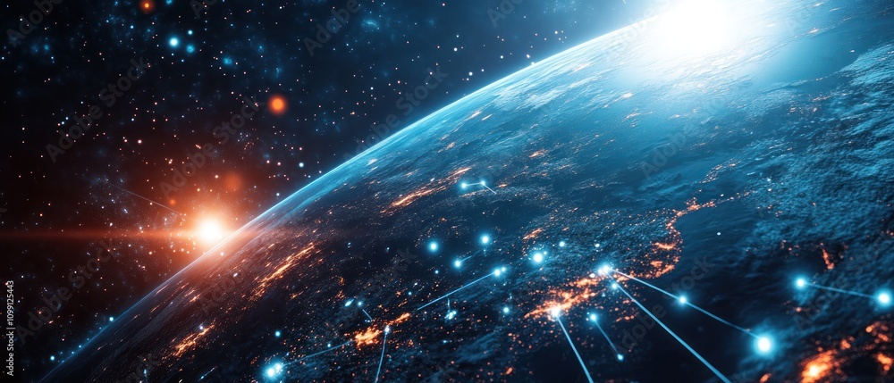 Fototapeta premium A view of the Earth from space with a bright orange sun in the background