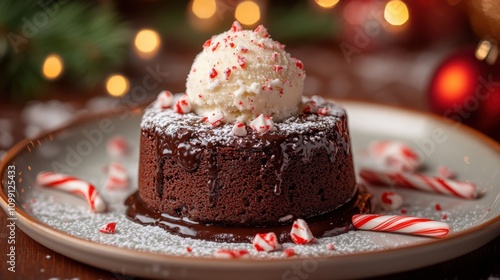 Wallpaper Mural Chocolate lava cake with a gooey center dusted with powdered sugar and a scoop of mint ice cream garnished with crushed candy canes on a festive plate Torontodigital.ca