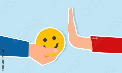 A hand offers a smiling or happy emoticon and is rejected by another hand, illustration of refusing to be easily satisfied with high market attention and engagement