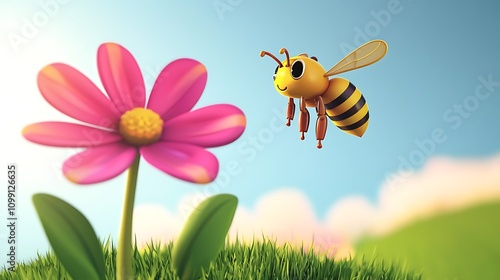 Cute Cartoon Bee Flying to Pink Flower in Sunny Meadow