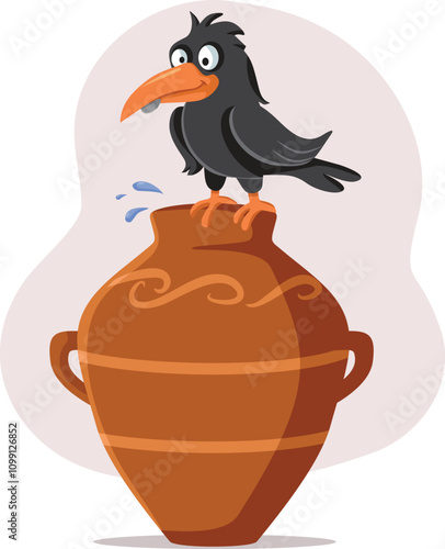 The Crow and the Pitcher Fable Vector Cartoon illustration. Classical fable story about the thirsty bird drinking water 
