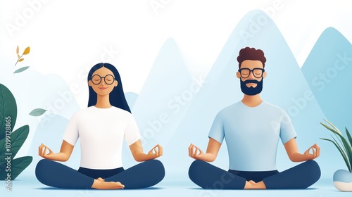 Two people meditating peacefully in a serene landscape with blue mountains, greenery, and a calm atmosphere promoting mindfulness and relaxation