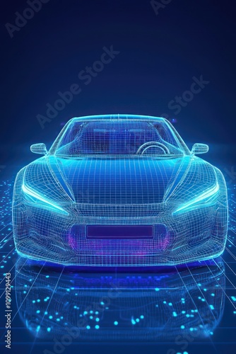 Futuristic car front displayed in wireframe on a blue background via AR.