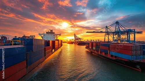 Wallpaper Mural Majestic Sunset over a Bustling Cargo Port: Global Trade in Motion Torontodigital.ca