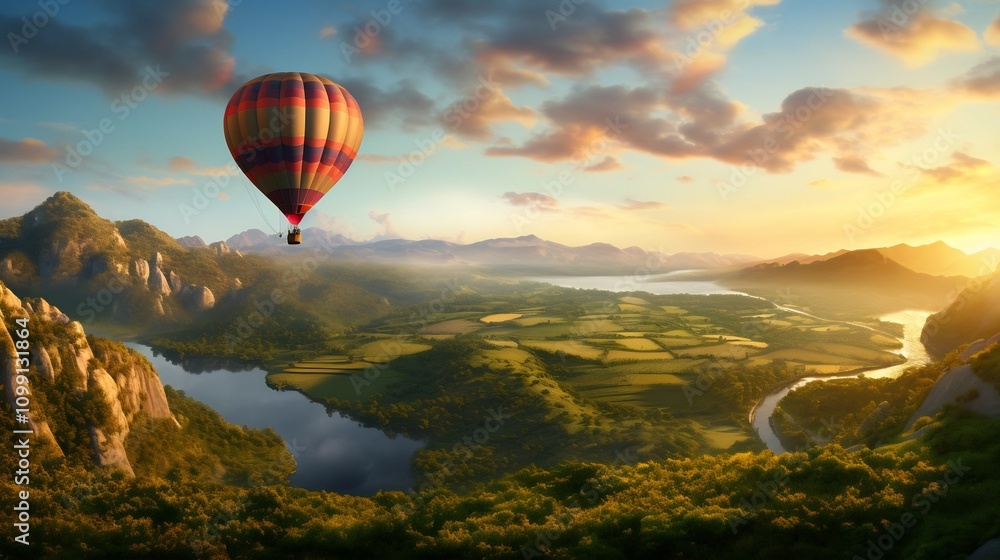 Fototapeta premium A detailed 3D render of a hot air balloon gracefully floating over a picturesque and serene valley at sunrise with a breathtaking panoramic vista of the scenic landscape