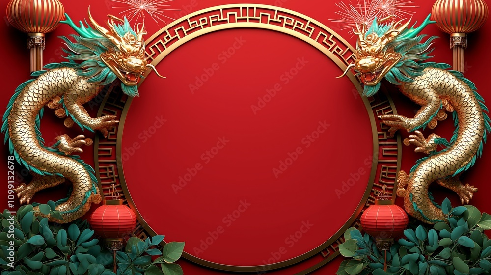 Obraz premium Vibrant chinese dragons surrounding ornate red and gold circular frame