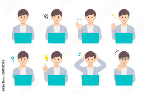 パソコンを見ながらいろいろな表情･ポーズをする若い男性のセット【人物ベクターイラスト素材】