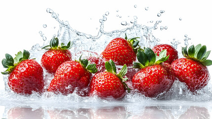 Crédence de cuisine  Fresh strawberries splashing in water, showcasing their vibrant red color and juicy texture.  © waqas