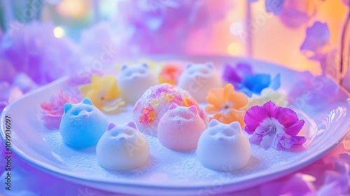 Cute Cat-Themed Desserts on a Colorful Plate