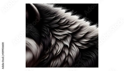 A captivating close-up of a monochrome wolf fur illustration highlighting intricate textures and natural patterns. The grayscale composition evokes feelings of wilderness, strength, and mystery. photo