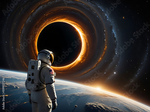 Astronaut Floating in Space Against a Glowing Black Hole with Radiant Accretion Disk, astronaut, space exploration, black hole, astronaut and blackhole photo