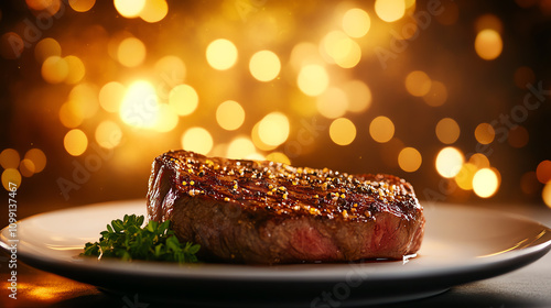 Mediumgrilled steak beef on a stylish plate, glowing golden backdrop, luxury mood, ultrarealistic photo