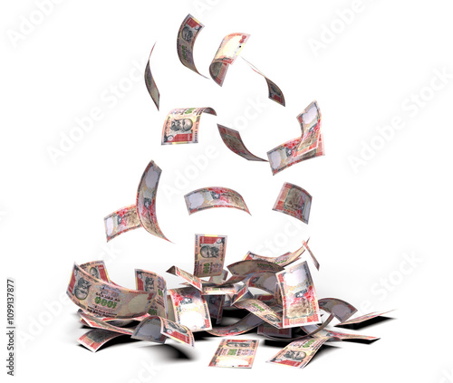 Falling indian 1000 rupee banknote transparent image 3d rendering, mette shadow ready photo