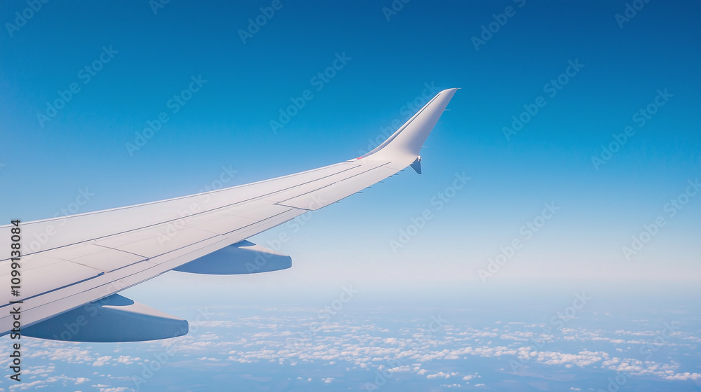 Fototapeta premium Above the Clouds: Airplane wing view from window seat, showcasing stunning aerial perspective of landscape below. Journey, travel, adventure, freedom, exploration await