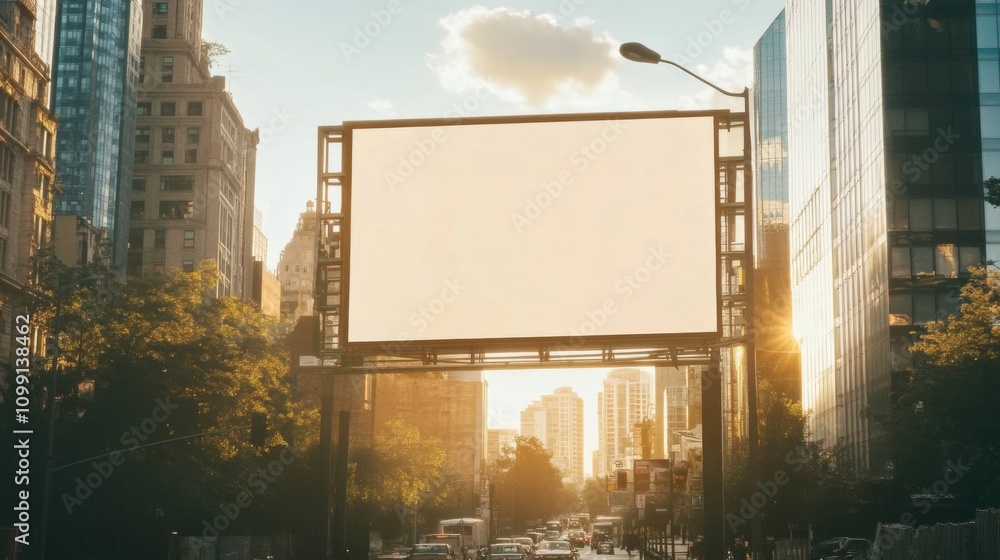 Fototapeta premium Large billboard busy street city is blank mounted sign mockup