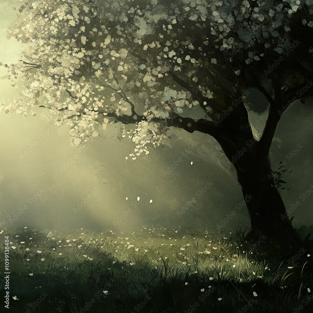 Fototapeta premium Misty Morning Meadow: A Serene Landscape Painting of a Flowering Tree and Peaceful Grassland