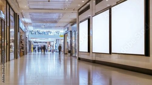 Long corridor shopping mall is lined large windows Digital advertisiment photo