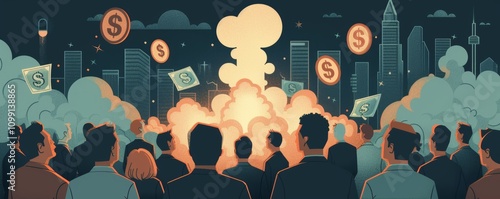 Enthralling Vintage Illustration of Investors Mesmerized by Charismatic Speaker Amid Glowing Dollar Signs