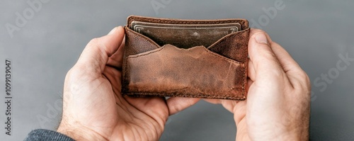 A close-up of hands holding an empty leather wallet, representing financial difficulties, budget constraints, or economic hardship.