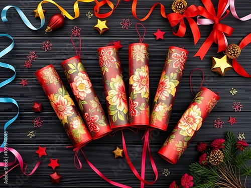 Colorful celebration decorations featuring festive party favors for New Year festivities at a joyful gathering. Generative AI photo