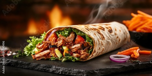 Wallpaper Mural Wrap dark slate board fire burning background is Chicken shawarma durum doner Torontodigital.ca