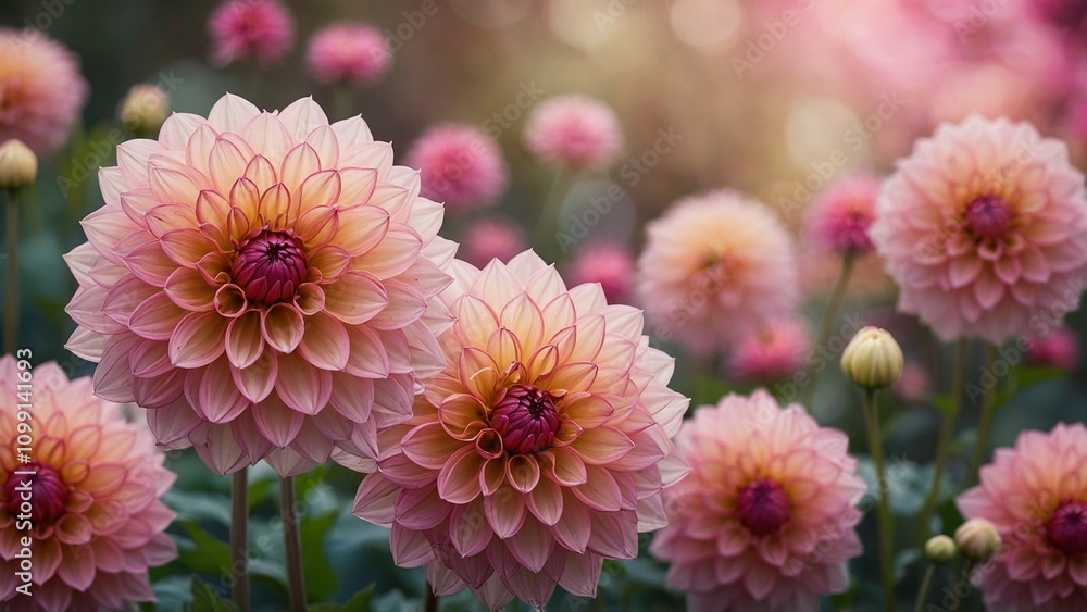 Fototapeta premium Pink dahlia flowers in a flower garden with bokeh light wallpaper background