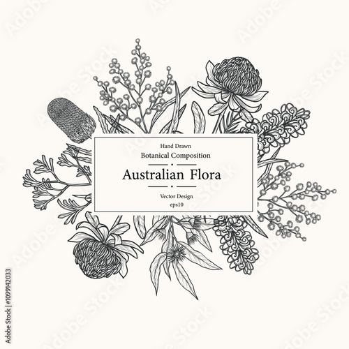 Hand drawn sketch Australian flowers and plants card