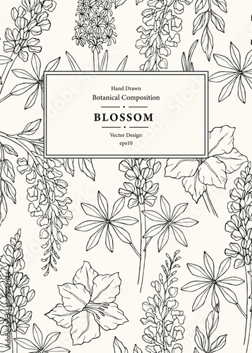 Hand drawn hyacinth, lupine, gladiolus, wisteria template