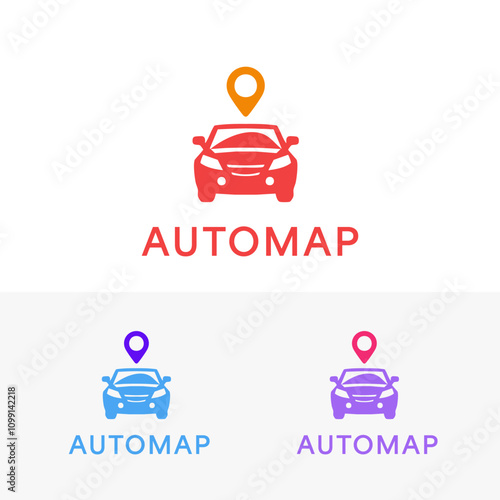 Auto Map Logo. Red car with location marker, perfect for travel apps, car rental services, navigation systems, and location based businesses. EPS Layered Vector File photo