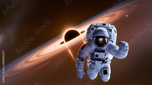 Astronaut Floating in Space Against a Glowing Black Hole with Radiant Accretion Disk, astronaut, space exploration, black hole, astronaut and blackhole photo