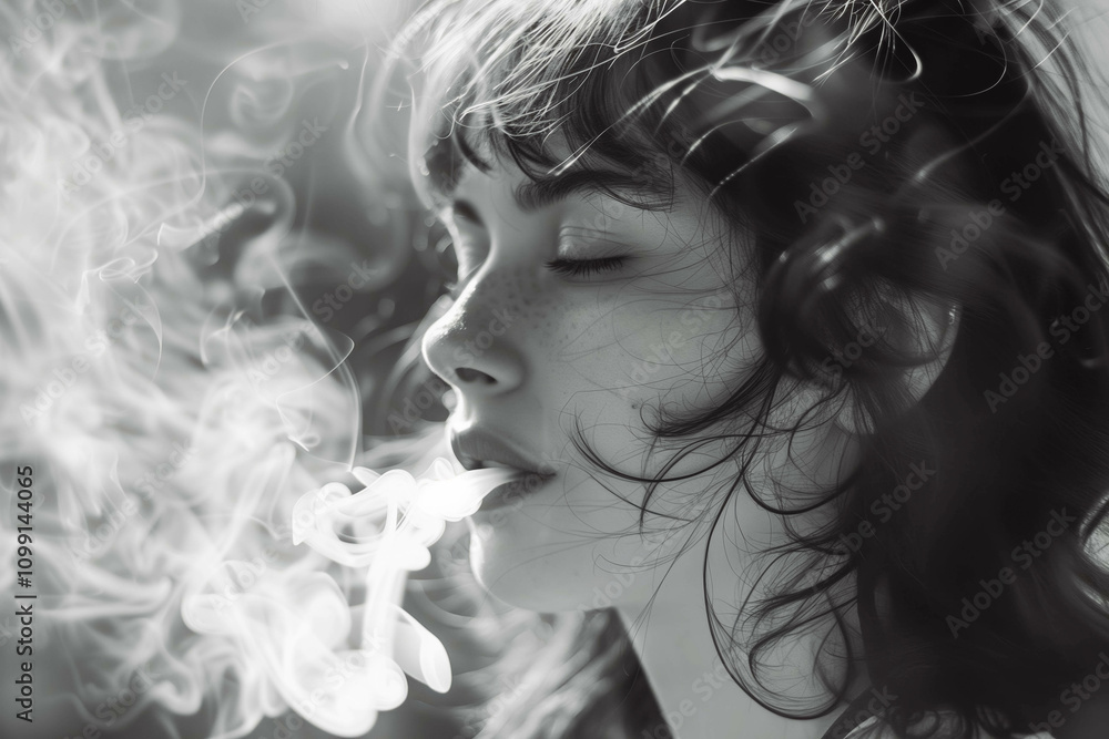 Fototapeta premium White smoke on black background, monochrome. Woman exhaling smoke.