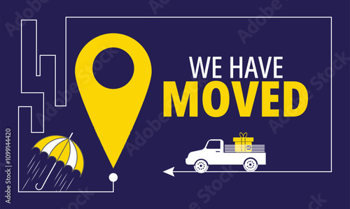 We have moved banner. Company or shop relocation vector banner or background, office moving flyer. Business address or location change navigation with city map,Template for poster, flyer,vector illust