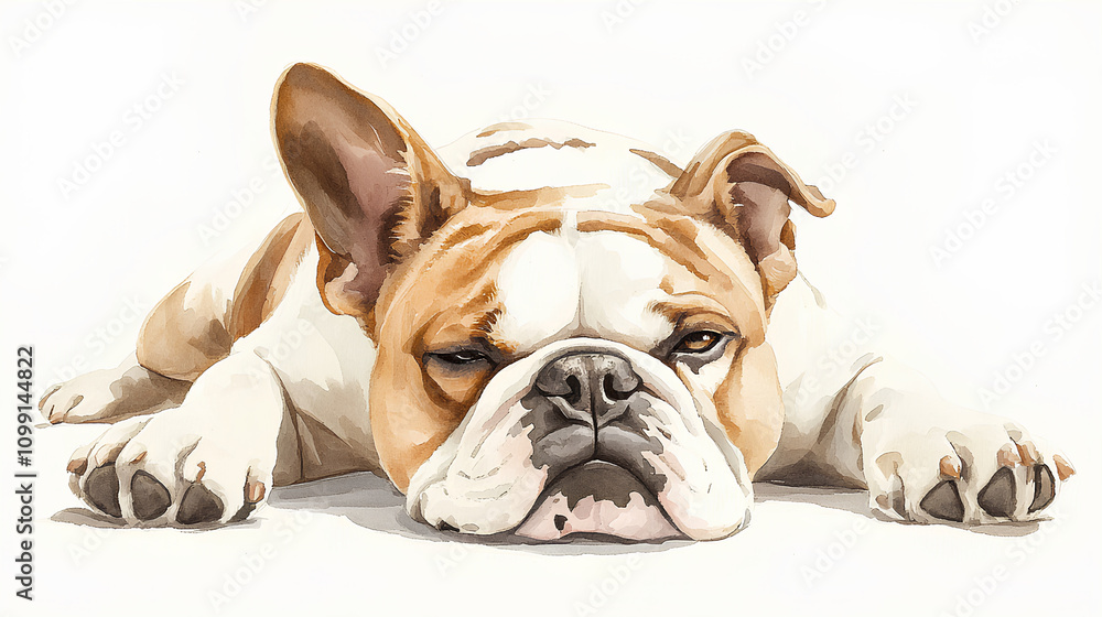 Fototapeta premium A watercolor Bulldog lying in a relaxed pose, its large paws stretched out, painted gently against white
