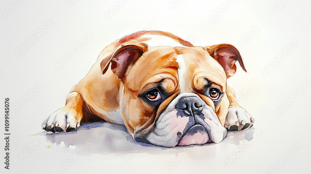 Fototapeta premium A watercolor Bulldog lying with its head tilted slightly, as if daydreaming, painted softly on a white background