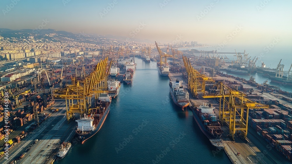 Obraz premium Aerial view of a busy harbor with many cargo ships and cranes.