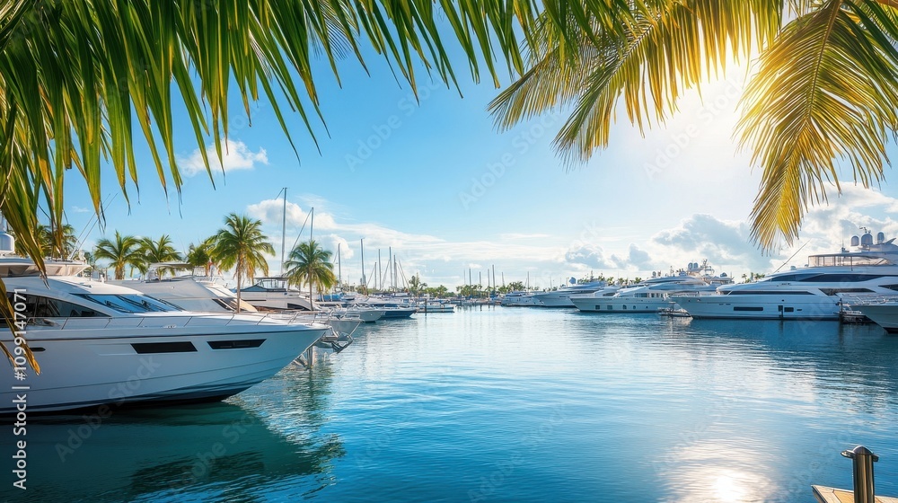 Fototapeta premium A serene marina scene with yachts and palm trees under a bright sky.