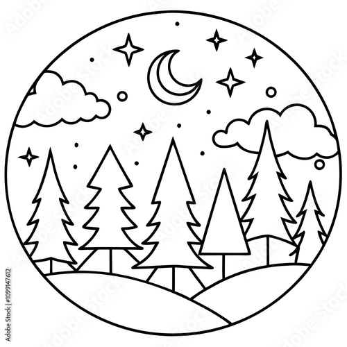 Forest Dreamscape Line Art Vector